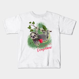 Sloth with coffee mug tropical pribt Kids T-Shirt